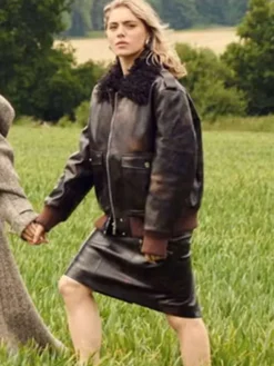 Bella-Maclean-TV-Series-Rivals-2026-Taggie-OHara-Brown-Leather-Fur-Bomber-Jacket-Front