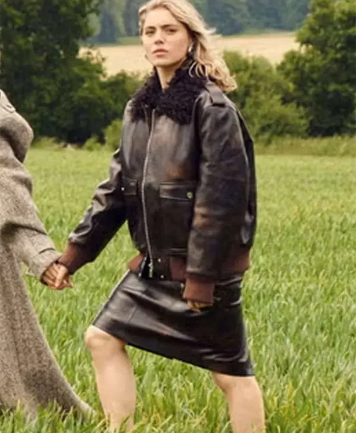 Bella-Maclean-TV-Series-Rivals-2026-Taggie-OHara-Brown-Leather-Fur-Bomber-Jacket-Front