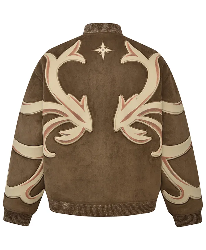 Birth Of Royal Child Patchwork Brown Bomber Suede Leather Jacket back view
