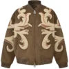 Birth Of Royal Child Patchwork Brown Suede Leather Bomber Jacket front view