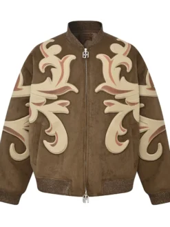 Birth Of Royal Child Patchwork Brown Suede Leather Bomber Jacket front view