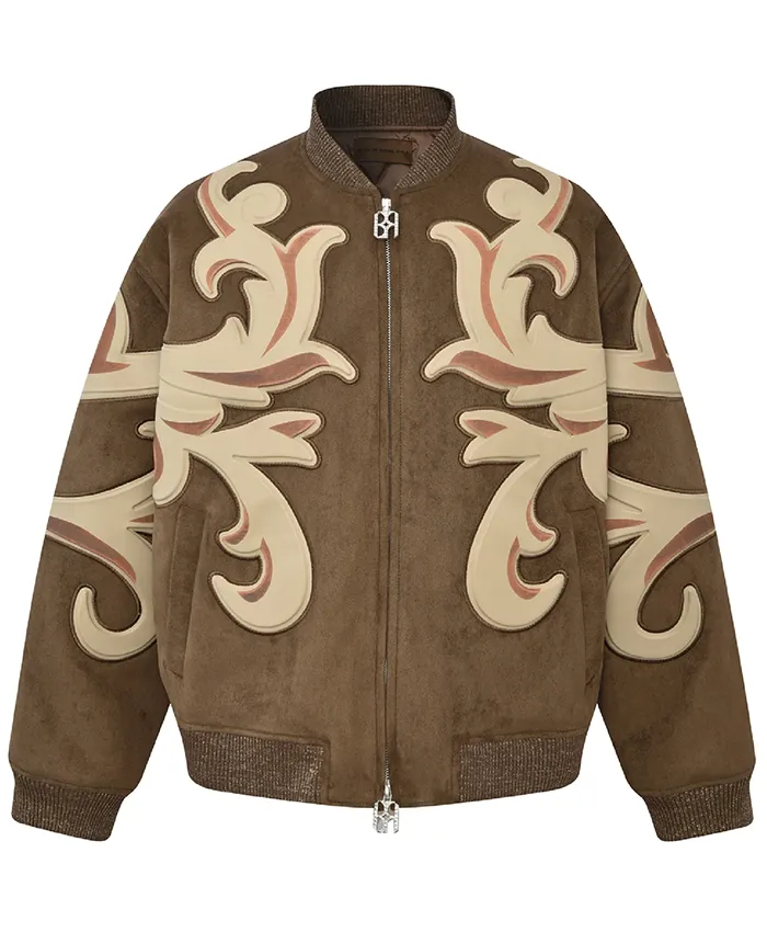 Birth Of Royal Child Patchwork Brown Suede Leather Bomber Jacket front view
