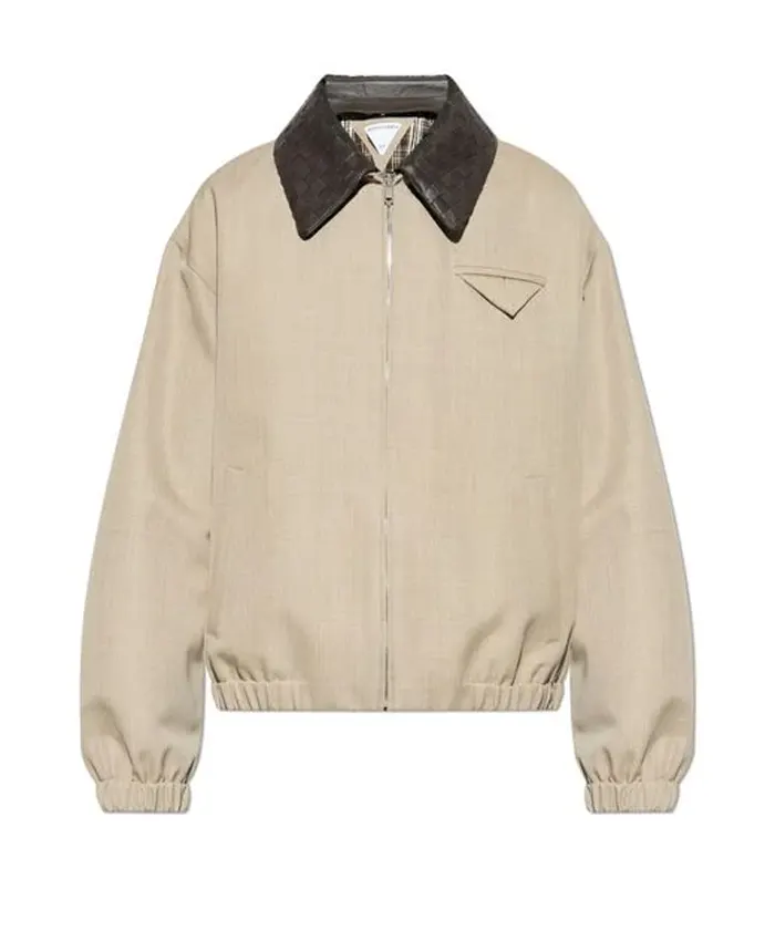 Bottega Veneta Beige Wool Cotton Jacket With Leather Collar