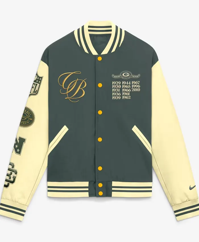 Buy Green Bay Packers Nike 2026 Rivalries Collection Letterman Varsity Jacket Green