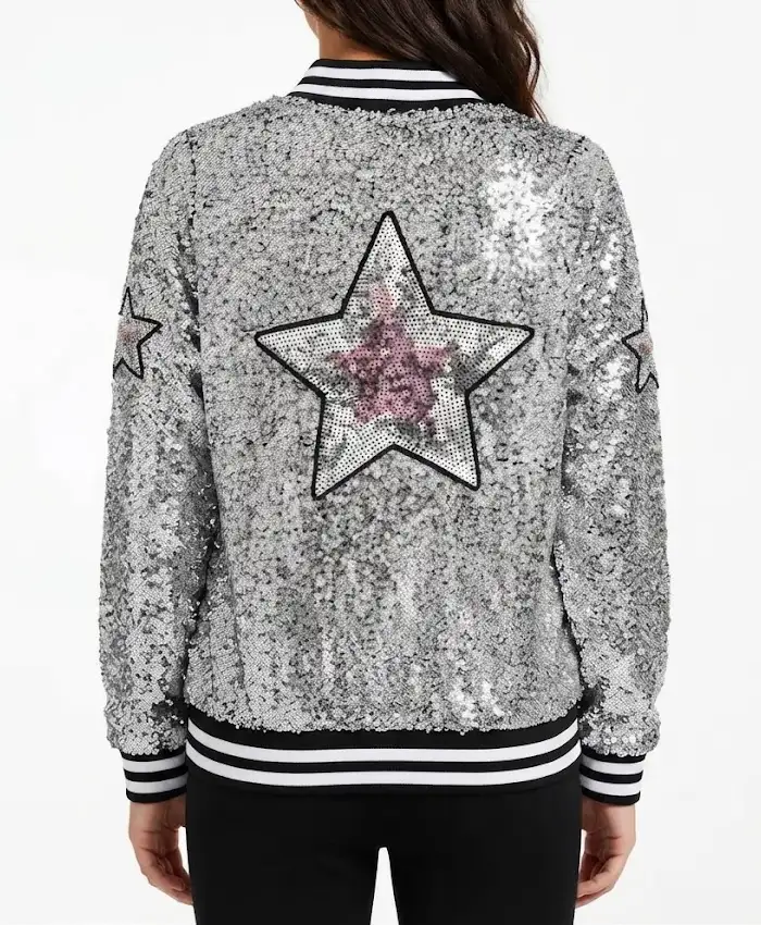 Celeste-Dring-Saturday-Night-Live-UK-2026-Stars-Sequin-Silver-Bomber-Jacket-Back