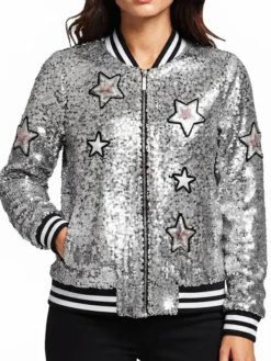 Celeste-Dring-Saturday-Night-Live-UK-2026-Stars-Sequin-Silver-Bomber-Jacket-Front