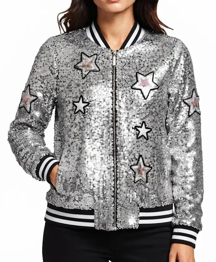 Celeste-Dring-Saturday-Night-Live-UK-2026-Stars-Sequin-Silver-Bomber-Jacket-Front