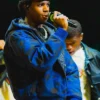 Close-up of A-Boogie Wit Da Hoodie WNBA New York Liberty Halftime Show Blue Camouflage Hooded Jacket