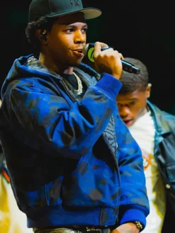 Close-up of A-Boogie Wit Da Hoodie WNBA New York Liberty Halftime Show Blue Camouflage Hooded Jacket
