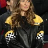 Close-up of Anna Lewandowska MLB Chicago White Sox Robert Lewandowski Wife Black-Yellow Moto Leather Jacket