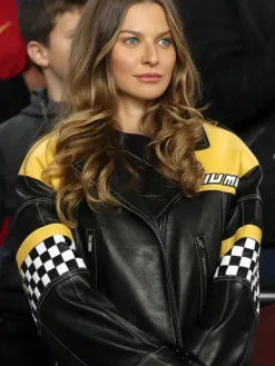 Close-up of Anna Lewandowska MLB Chicago White Sox Robert Lewandowski Wife Black-Yellow Moto Leather Jacket