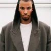 Close-up of Balenciaga Spring-Summer 2027 Paris Fashion Week Hugo Ekitiké Grey Wool Hooded Trench Coat