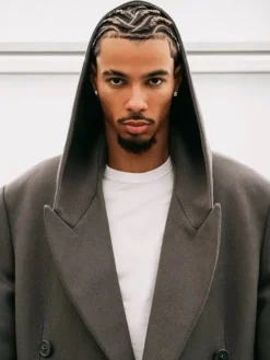 Close-up of Balenciaga Spring-Summer 2027 Paris Fashion Week Hugo Ekitiké Grey Wool Hooded Trench Coat