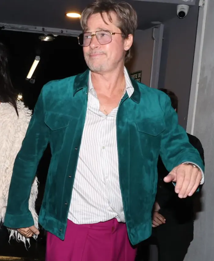 Close-up of Brad Pitt James Blake Show Paris 2026 Green Trucker Suede Leather Jacket
