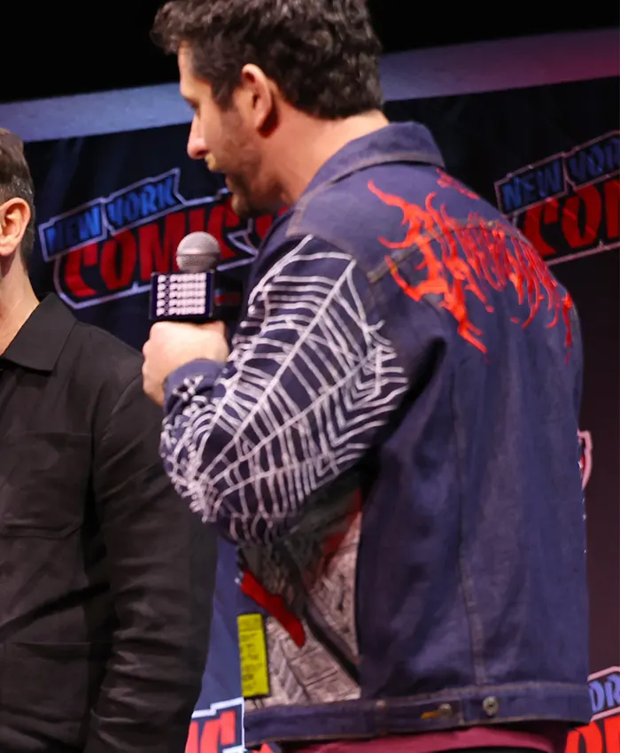 Close-up of Brandon Davis Daredevil Born Again Reborn New York Comic Con Spiderman Denim Jacket