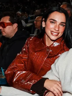 Close-up of Dua Lipa MLB New York Yankees vs Tampa Bay Rays Red Croc Leather Coat