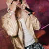 Close-up of El Bogueto Movie Street Fighter 2026 Mexico City Louis Vuitton Beige Satin Hooded Jacket