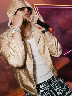 Close-up of El Bogueto Movie Street Fighter 2026 Mexico City Louis Vuitton Beige Satin Hooded Jacket