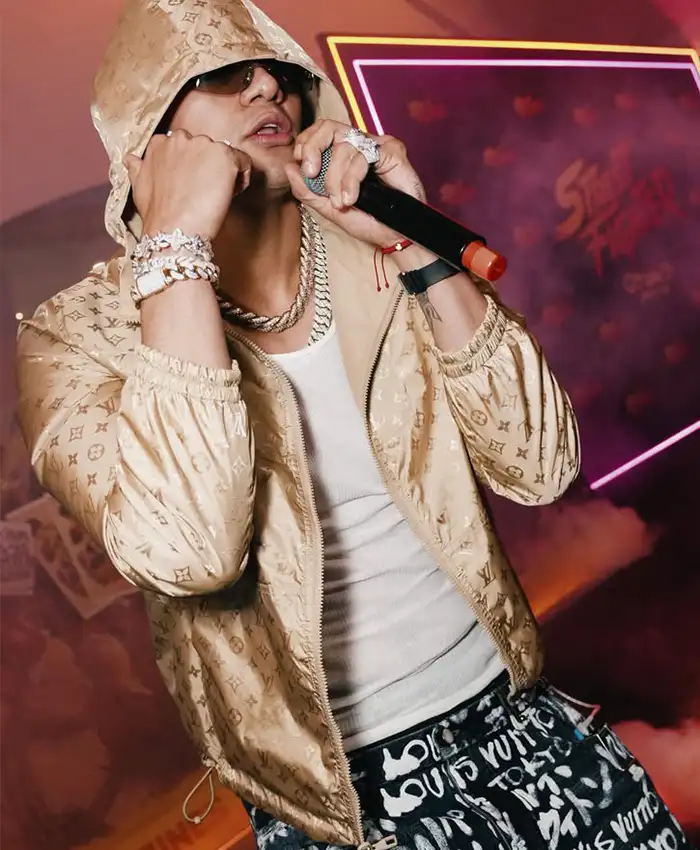 Close-up of El Bogueto Movie Street Fighter 2026 Mexico City Louis Vuitton Beige Satin Hooded Jacket