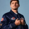 Close-up of F1 Max Verstappen Racing Mitchell & Ness Karting Satin Blue Bomber Jacket