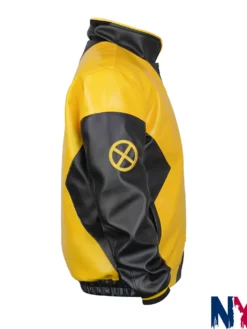 Close-up of Halloween X Men Marvel Inspired Mutant Yellow And Black Leather Bomber Jacket