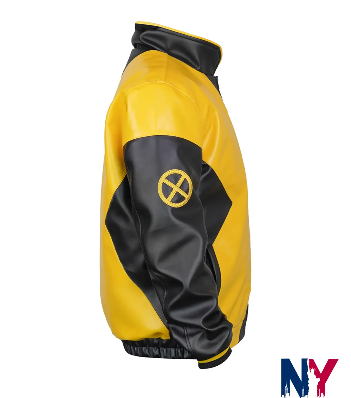 Close-up of Halloween X Men Marvel Inspired Mutant Yellow And Black Leather Bomber Jacket