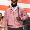 Close-up of Jared Verse NFL Cleveland Browns Arrival Pink Bomber Leather Jacket Sale