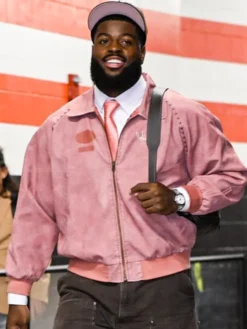 Close-up of Jared Verse NFL Cleveland Browns Arrival Pink Bomber Leather Jacket Sale