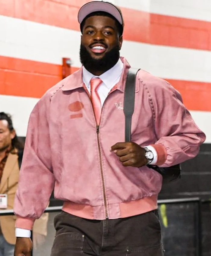 Close-up of Jared Verse NFL Cleveland Browns Arrival Pink Bomber Leather Jacket Sale