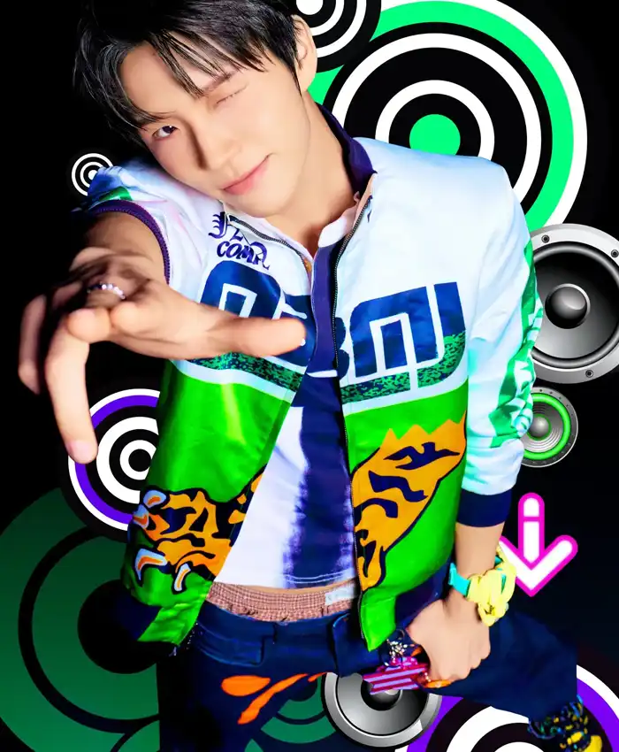 Close-up of Kim Dae-young NCT Wish I Spy Music Video Jaehee Satin Varsity Bomber Jacket