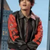 Close-up of Kim Taehyung BTS Swimside Event 2026 Vintage Black Leather USA Jacket