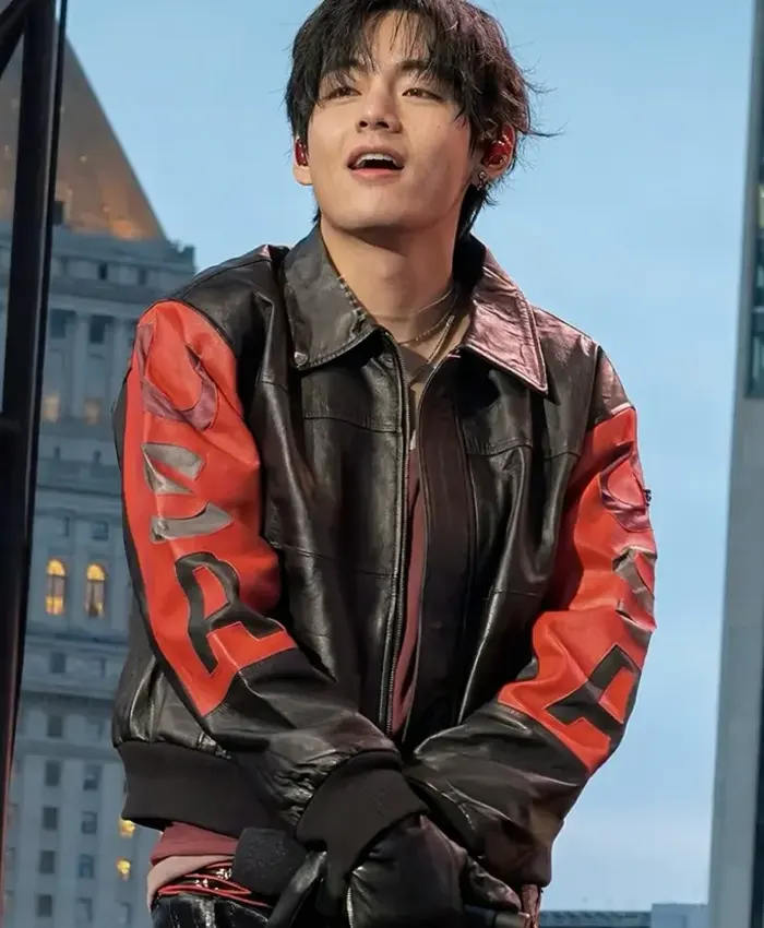 Close-up of Kim Taehyung BTS Swimside Event 2026 Vintage Black Leather USA Jacket