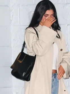 Close-up of Kylie Jenner Celeb Hotspot Sushi Park 2026 WeHo Beige Cotton Trench Coat