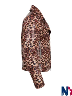 Close-up of Leopard Print Biker Genuine Leather Jacket For Men And Women