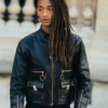 Close-up of Louis Vuitton Spring-Summer 2027 Paris Fashion Week Jaden Smith Black Leather Jacket