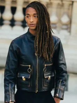Close-up of Louis Vuitton Spring-Summer 2027 Paris Fashion Week Jaden Smith Black Leather Jacket