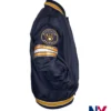 Close-up of MLB Team Milwaukee Brewers Midfield Navy Blue Satin Varsity Jacket