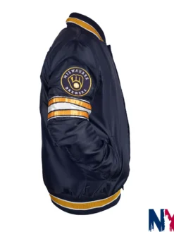 Close-up of MLB Team Milwaukee Brewers Midfield Navy Blue Satin Varsity Jacket