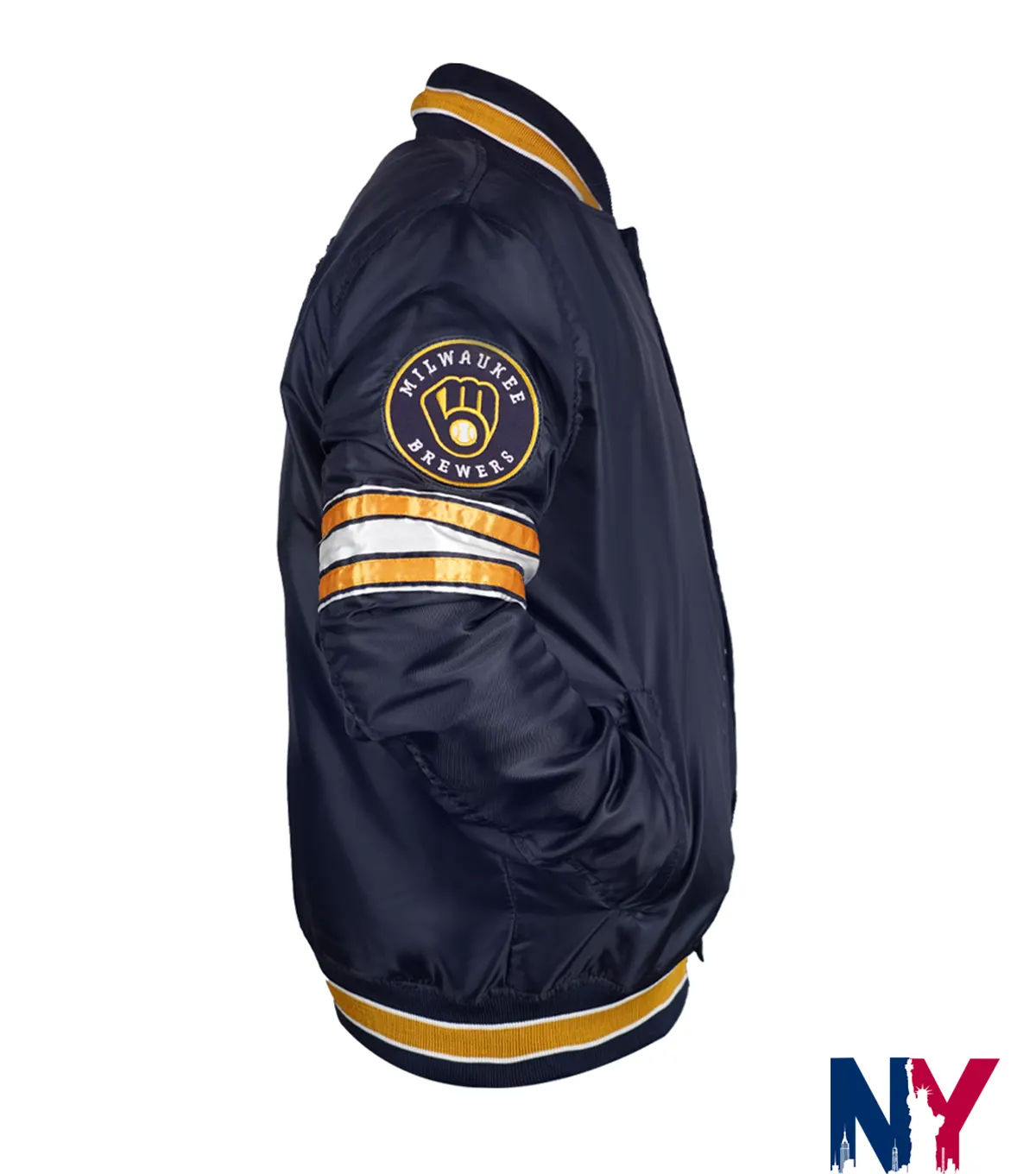 Close-up of MLB Team Milwaukee Brewers Midfield Navy Blue Satin Varsity Jacket