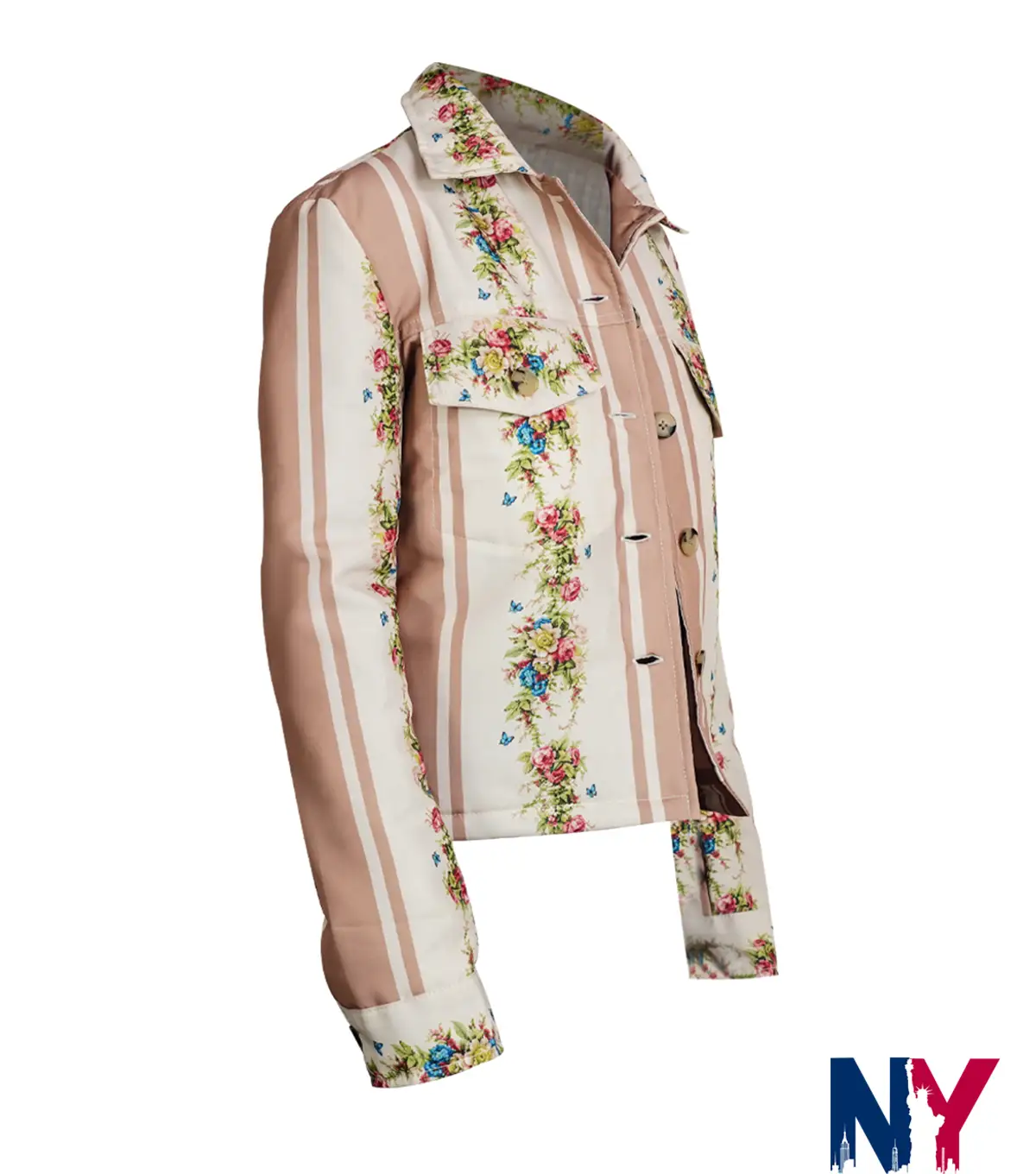 Close-up of Movie The Sleepover Mim Cree Cicchino Top Flower Printed Workwear Cotton Jacket