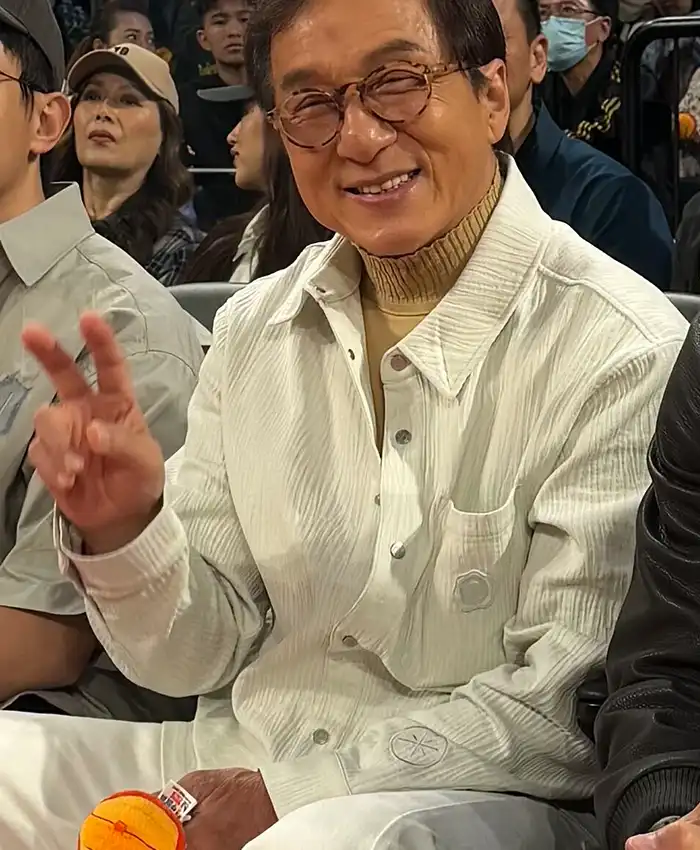 Close-up of NBA China Game Houston Rockets vs Dallas Mavericks 2026 Jackie Chan White Cotton Jacket