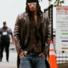 Close-up of NFL Cleveland Browns Grant Delpit Arrival Distressed Brown Leather Trench Coat