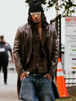 Close-up of NFL Cleveland Browns Grant Delpit Arrival Distressed Brown Leather Trench Coat