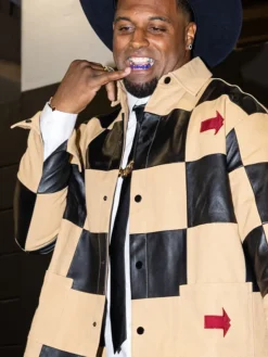 Close-up of NFL New Orleans Saints Cam Jordan Arrival Black And Beige Checkered Leather Jacket
