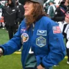 Close-up of NFL Philadelphia Eagles NASA Astronaut Christina Koch Blue Cotton Bomber Flight Jacket