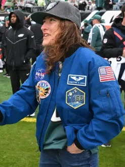 Close-up of NFL Philadelphia Eagles NASA Astronaut Christina Koch Blue Cotton Bomber Flight Jacket