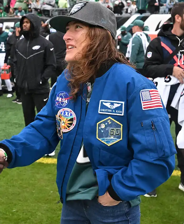 Close-up of NFL Philadelphia Eagles NASA Astronaut Christina Koch Blue Cotton Bomber Flight Jacket
