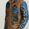 Close-up of Premium E Oversized Utility Flap Pocket Blue And Brown Denim Jacket