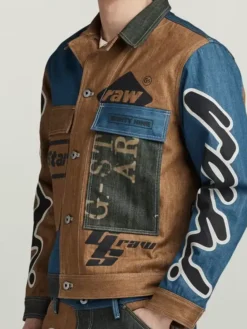 Close-up of Premium E Oversized Utility Flap Pocket Blue And Brown Denim Jacket