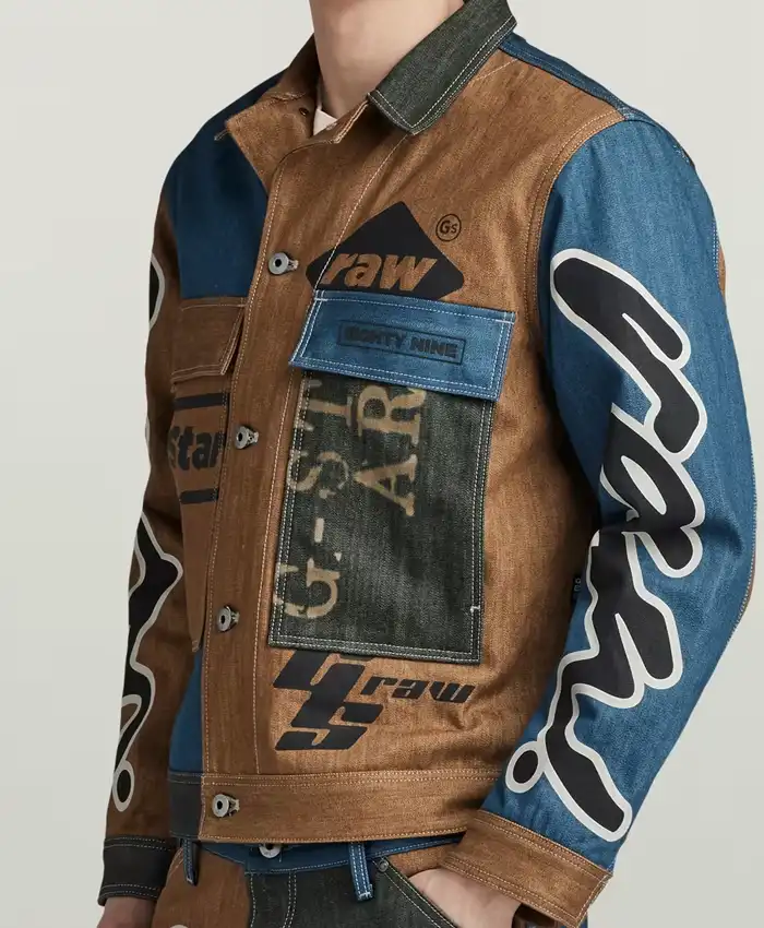 Close-up of Premium E Oversized Utility Flap Pocket Blue And Brown Denim Jacket